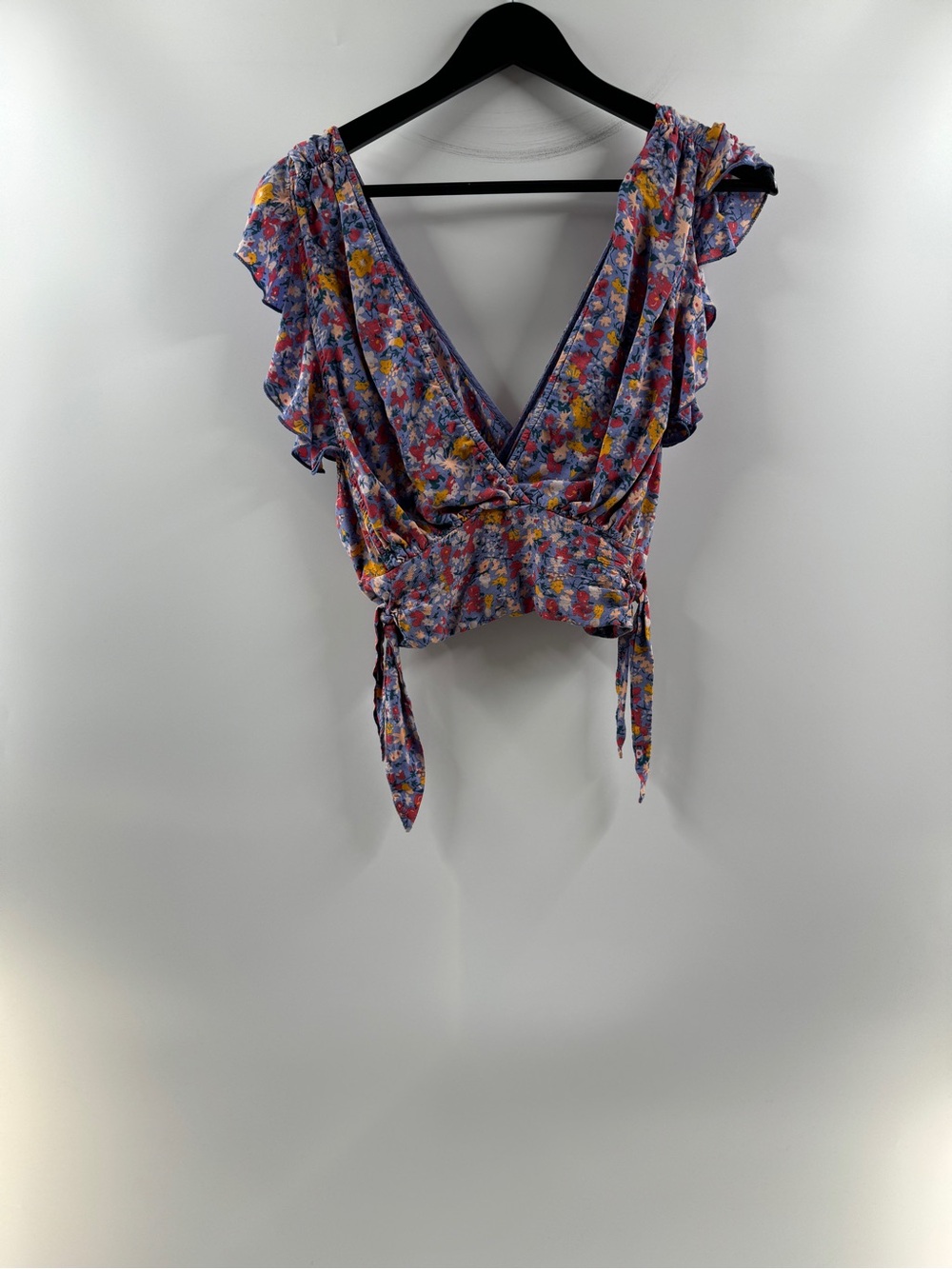 Free People Pretty Daze Floral Crop Top Women’s Large Blue Ruffle Tie Boho